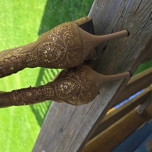 Milano Womens 7.5 Embroidered Brown Spiked Heel Boots - Picture 5 of 6